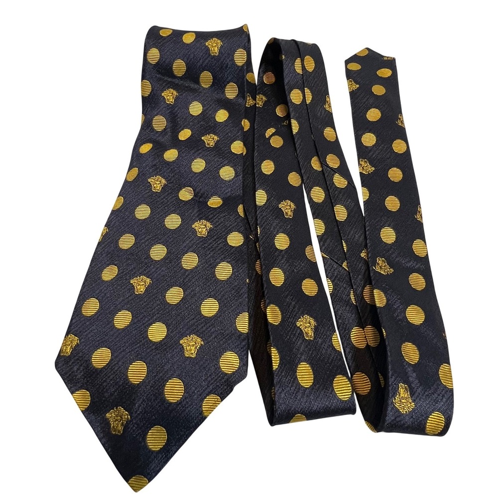 Versace Necktie Mens OS Navy Blue Gold Polka Dot Medusa Head Silk Made in Italy - Picture 7 of 12